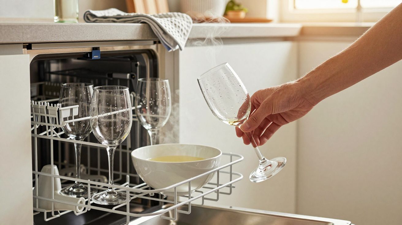 Pessoa a colocar copo limpo numa máquina de lavar loiça com outros copos e uma tigela branca.