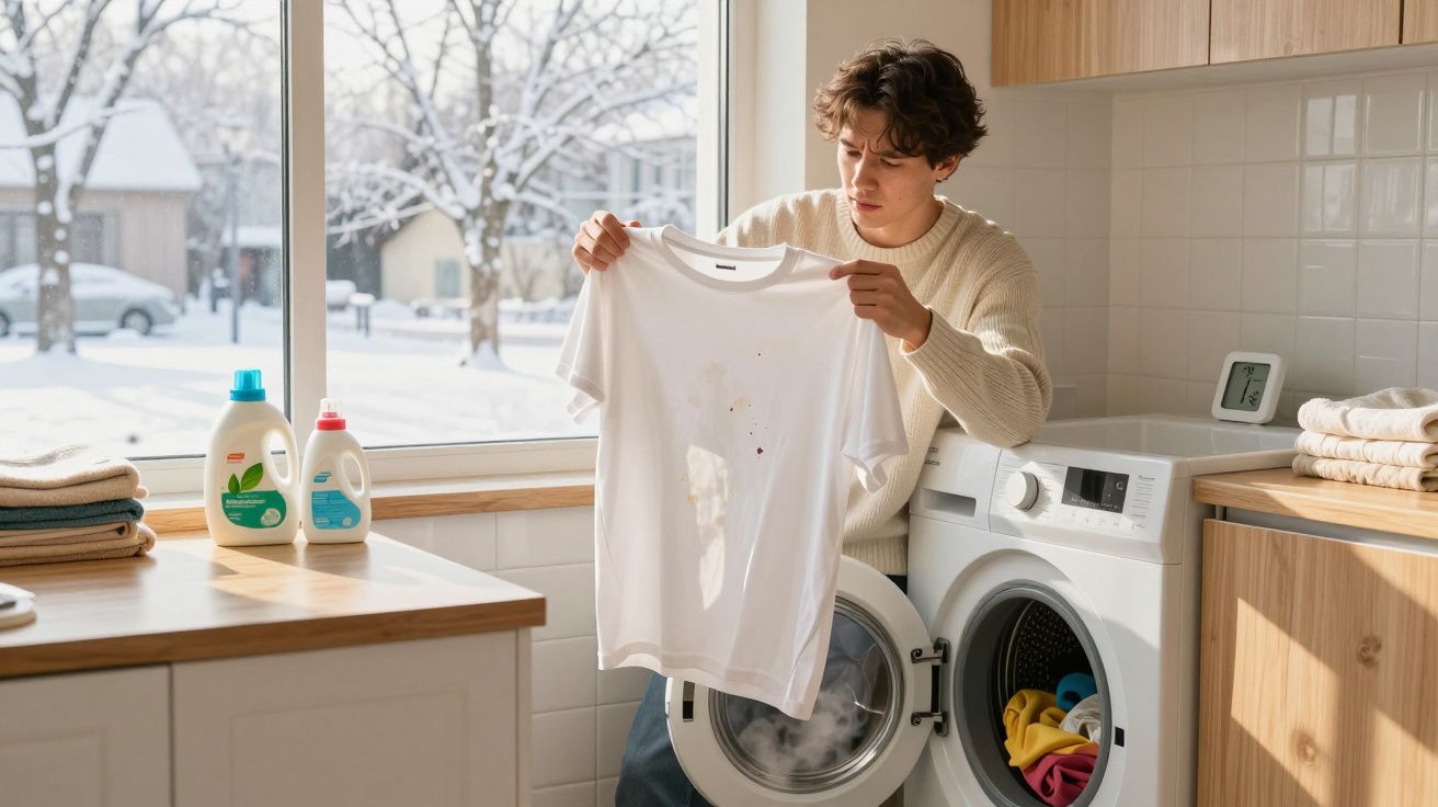 Pessoa a ler uma t-shirt manchada junto a uma máquina de lavar roupa numa lavandaria com janelas para neve.