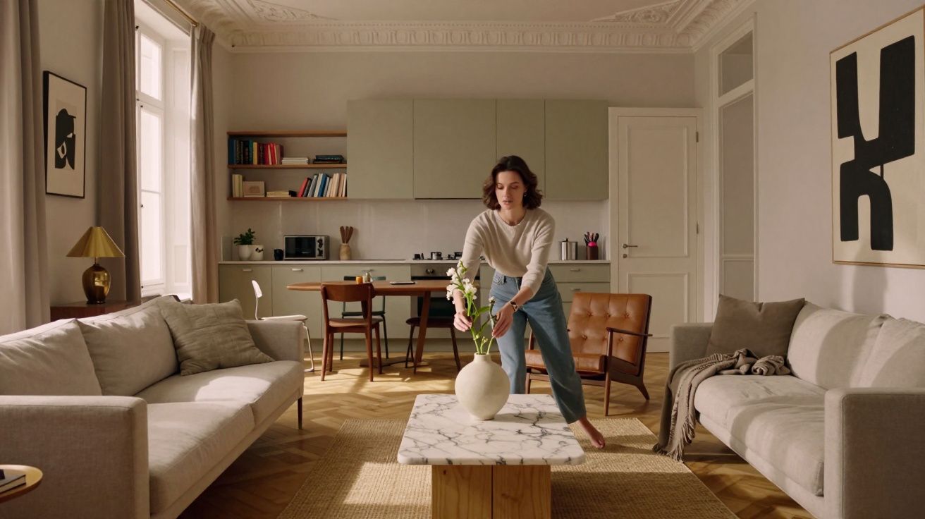 Mulher a colocar flores num vaso numa sala de estar moderna com sofá e mesa de centro em mármore.