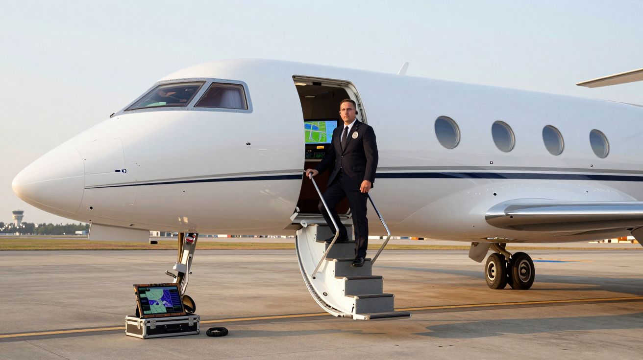 Homem em fato formal desce escadas de avião privado estacionado em pista de aeroporto.
