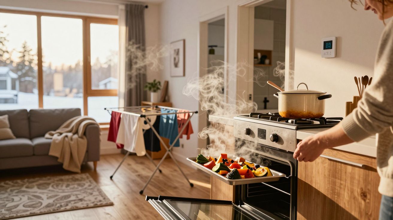 Pessoa a retirar um tabuleiro com legumes assados do forno numa cozinha aconchegante e luminosa.