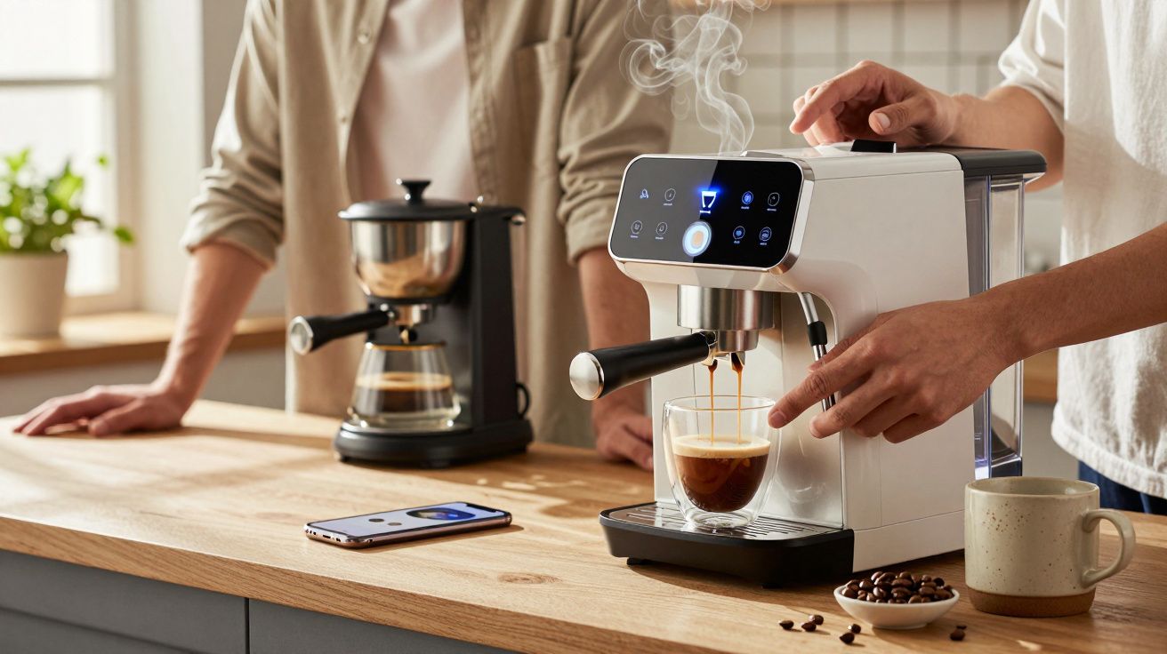 Pessoa a preparar café espresso numa máquina branca moderna numa cozinha luminosa.