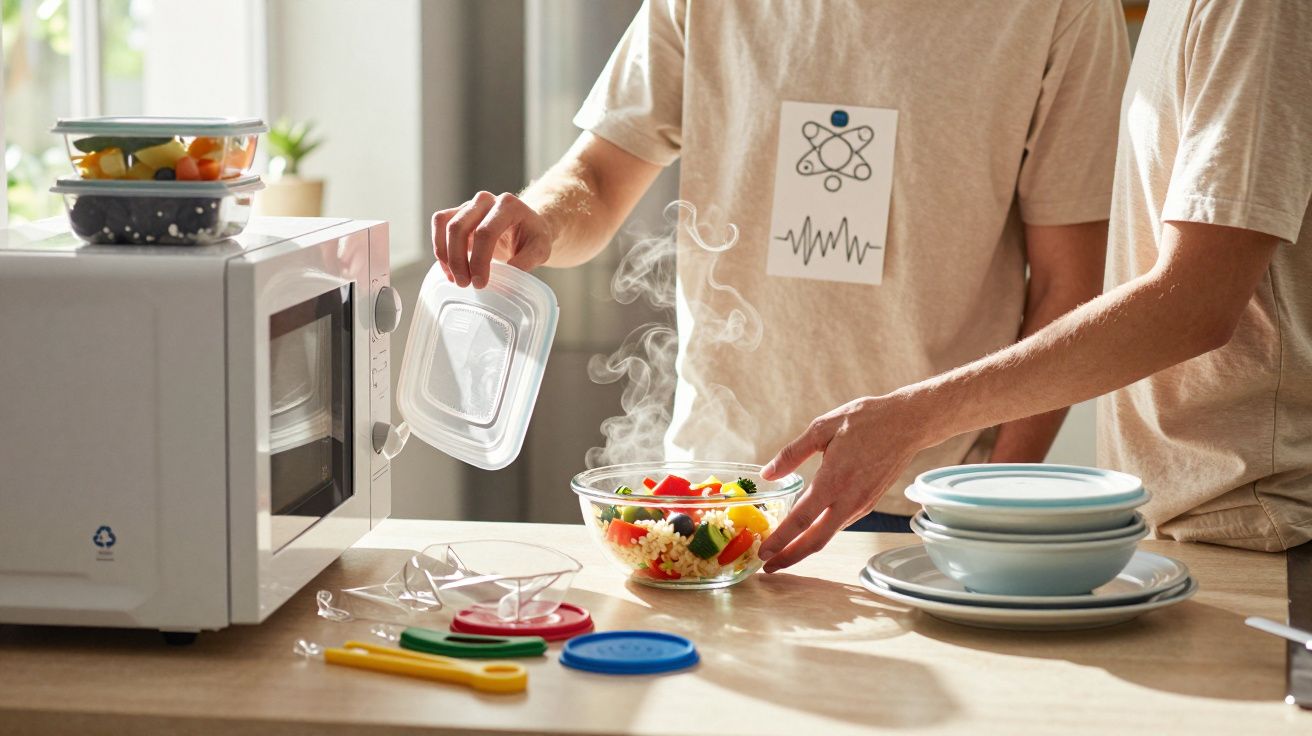 Duas pessoas descarregam uma tigela de comida quente do micro-ondas numa cozinha iluminada.