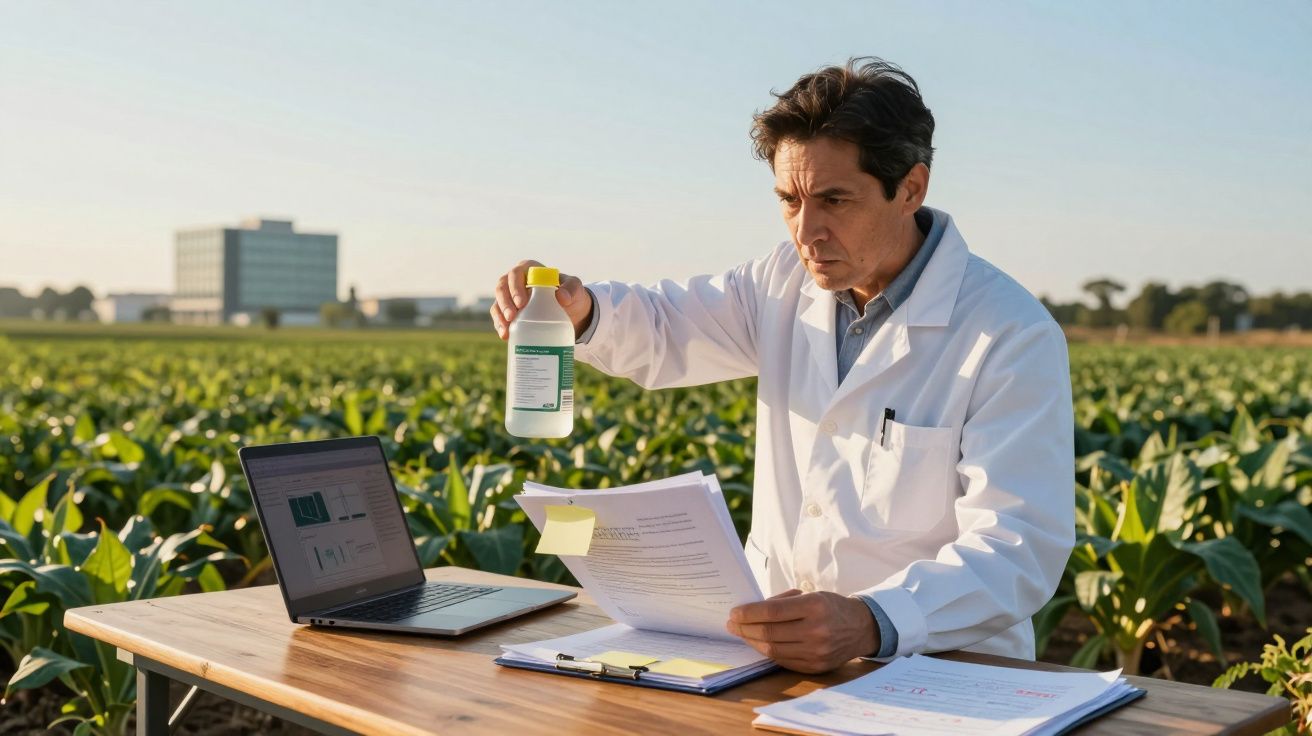 Cientista em bata branca analisa líquido em frasco no campo agrícola com computador e documentos na mesa.