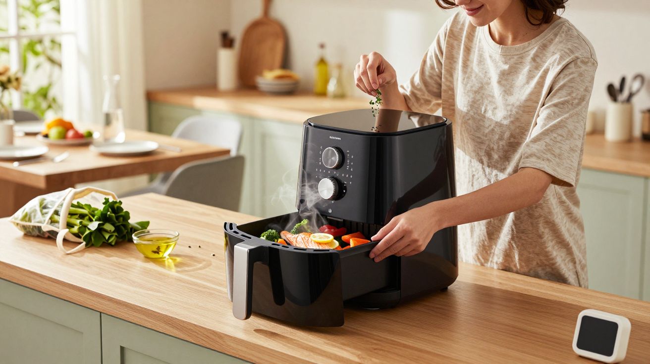 Mulher tempera legumes numa fritadeira de ar preta numa cozinha moderna e luminosa.