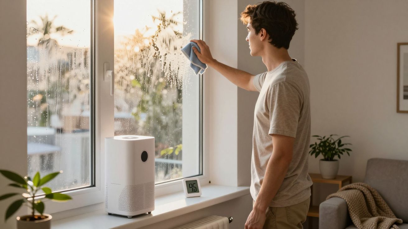 Jovem limpa o vidro de uma janela interior enquanto há gotas de água e um humidificador na superfície.