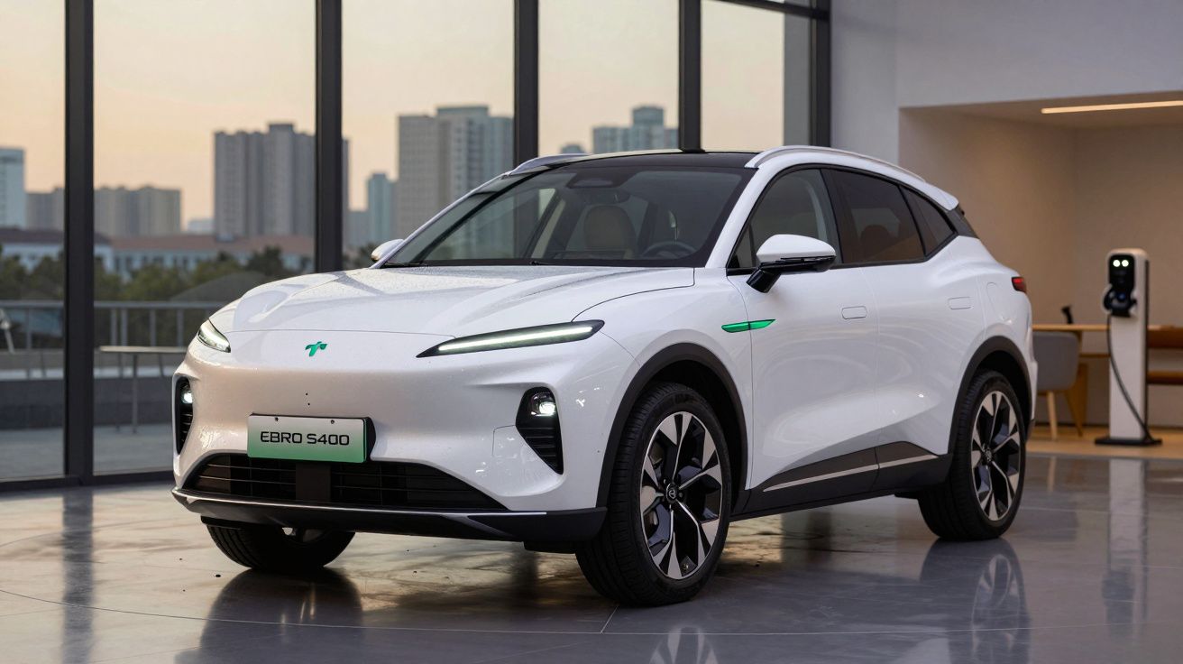 Carro elétrico branco EBRO S400 estacionado em showroom moderno com grandes janelas e carregador elétrico ao fundo.