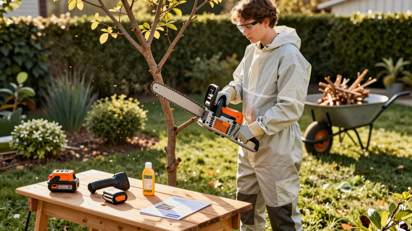 Jovem com fato protetor e óculos de segurança a cortar ramo de árvore com motosserra num jardim.