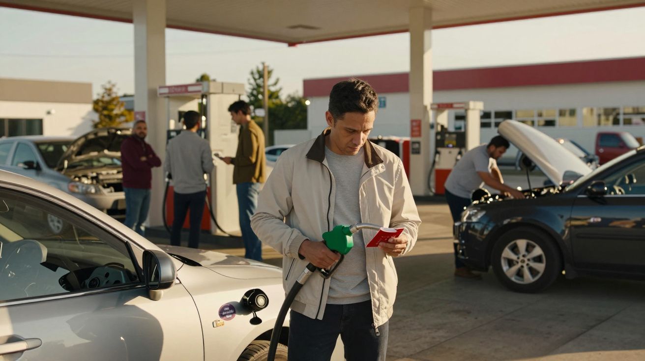 Homem a abastecer carro numa bomba de gasolina com outras pessoas junto de carros na garagem.