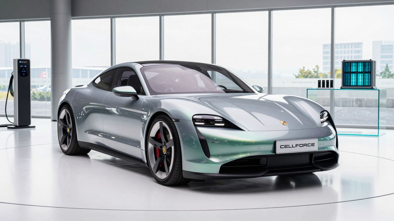 Carro desportivo elétrico prata estacionado numa sala moderna com carregador elétrico ao fundo.