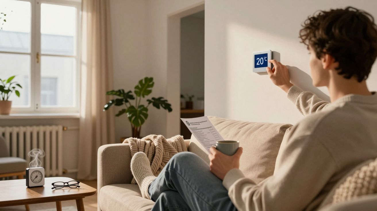 Pessoa sentada no sofá a ajustar o termóstato para 20 graus Celsius numa sala iluminada e acolhedora.