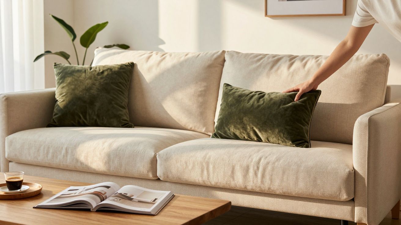 Sofá bege com duas almofadas verdes, mesa de madeira com revista aberta e café, e braço a arrumar almofada.