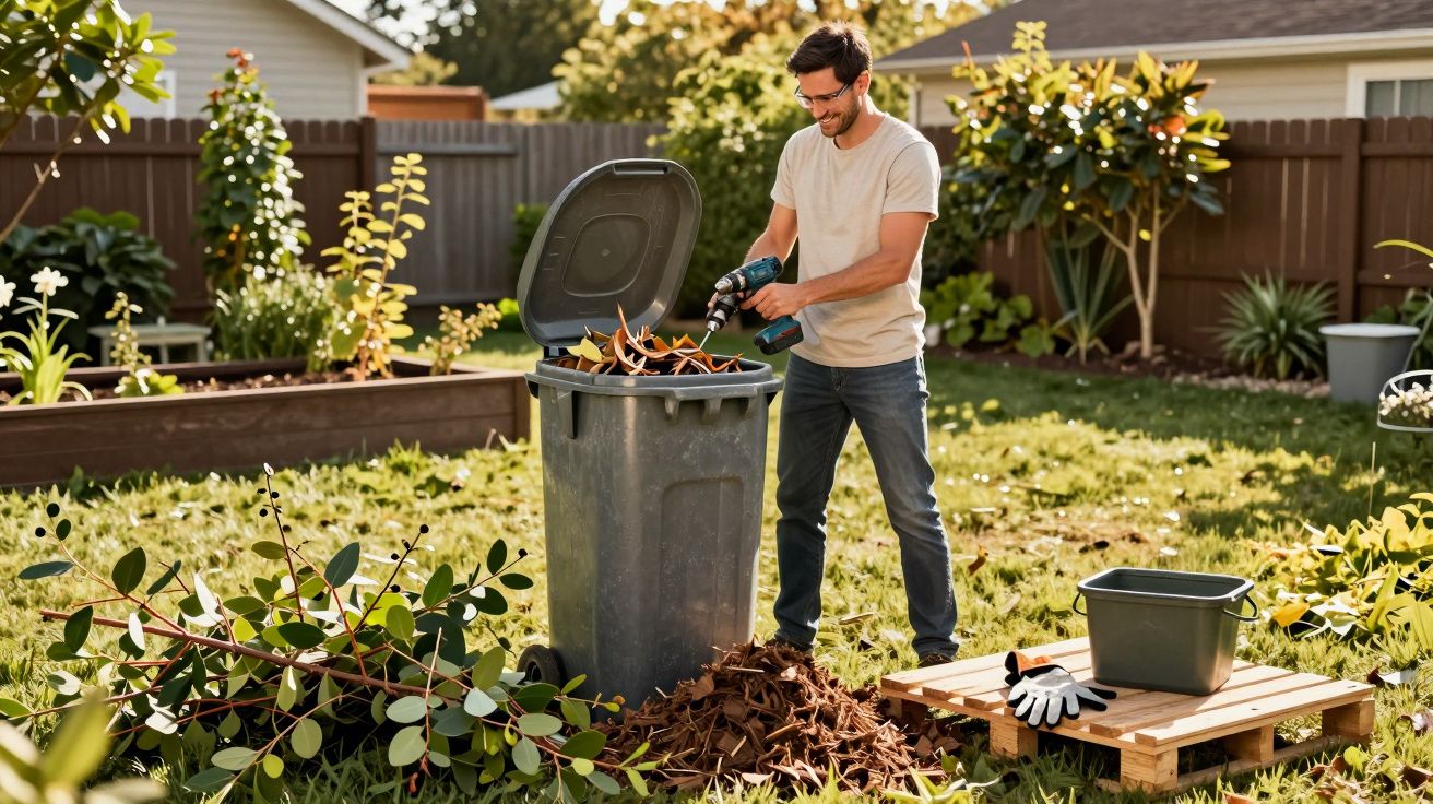 Homem a recolher folhas secas para um contentor de lixo no jardim sob luz solar.