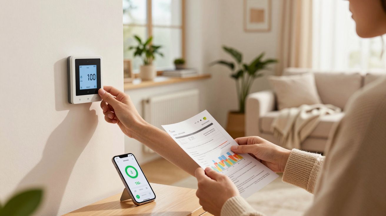 Pessoa ajusta termóstato digital na parede enquanto consulta dados de consumo energético num smartphone e num documento.