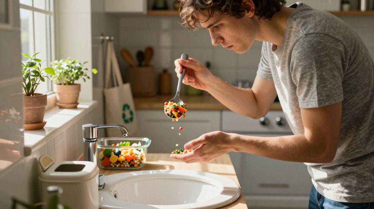 Jovem de pé na cozinha a separar legumes coloridos com uma colher para engolir antes de lavar as mãos na pia.