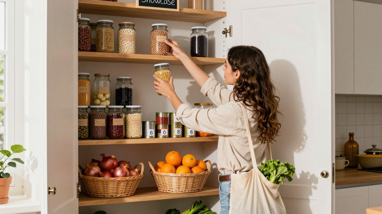 Mulher a organizar frascos de legumes num armário de cozinha com frutas e verduras frescas.