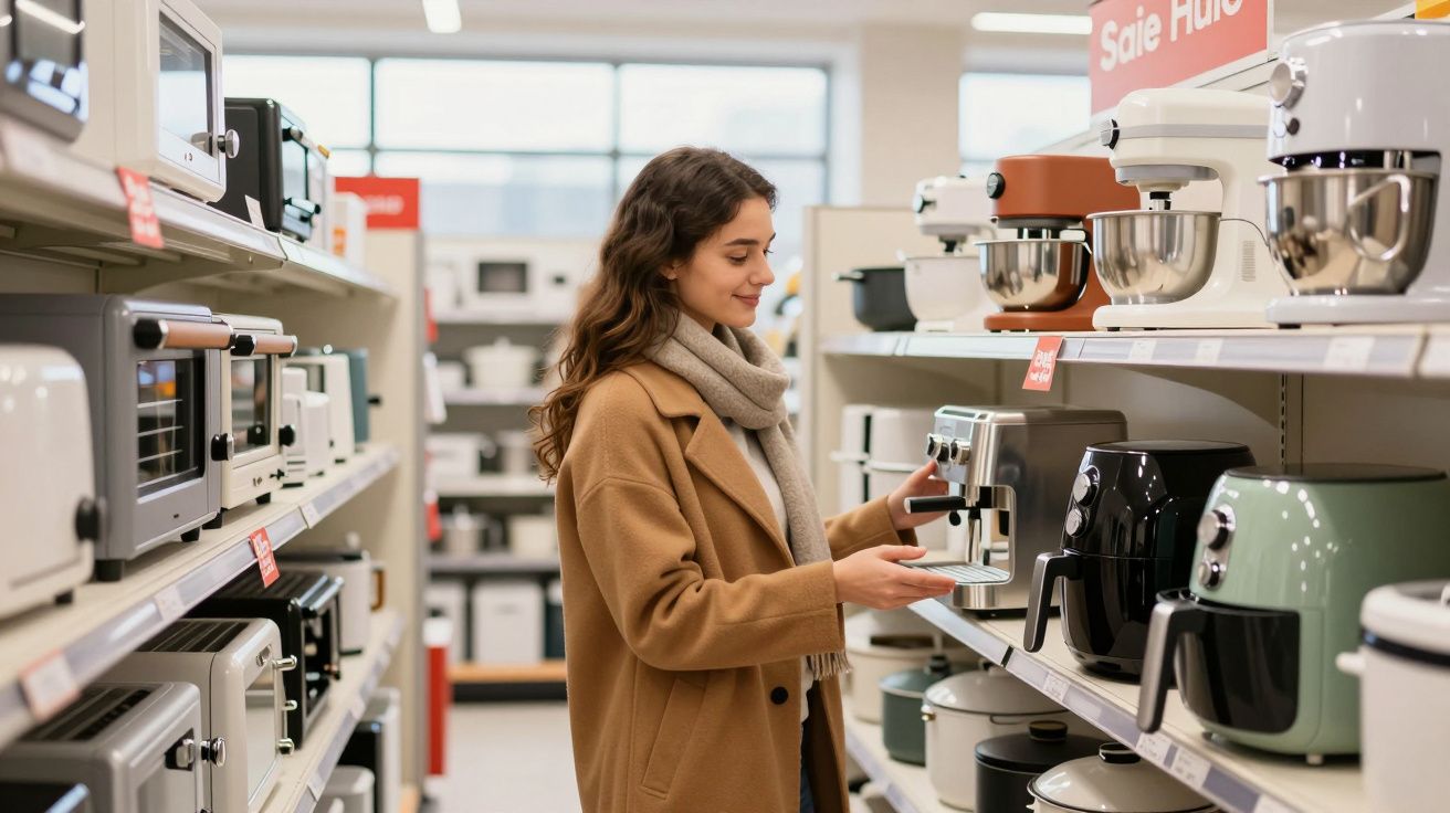 Mulher numa loja a experimentar uma máquina de café expresso entre eletrodomésticos em prateleiras.