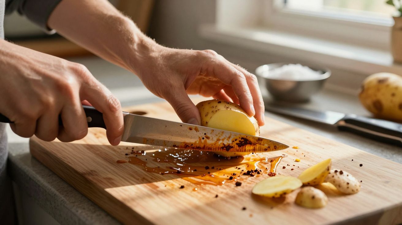 Pessoa a cortar batata em tábua de madeira com faca, temperada com pimenta e óleo na cozinha.