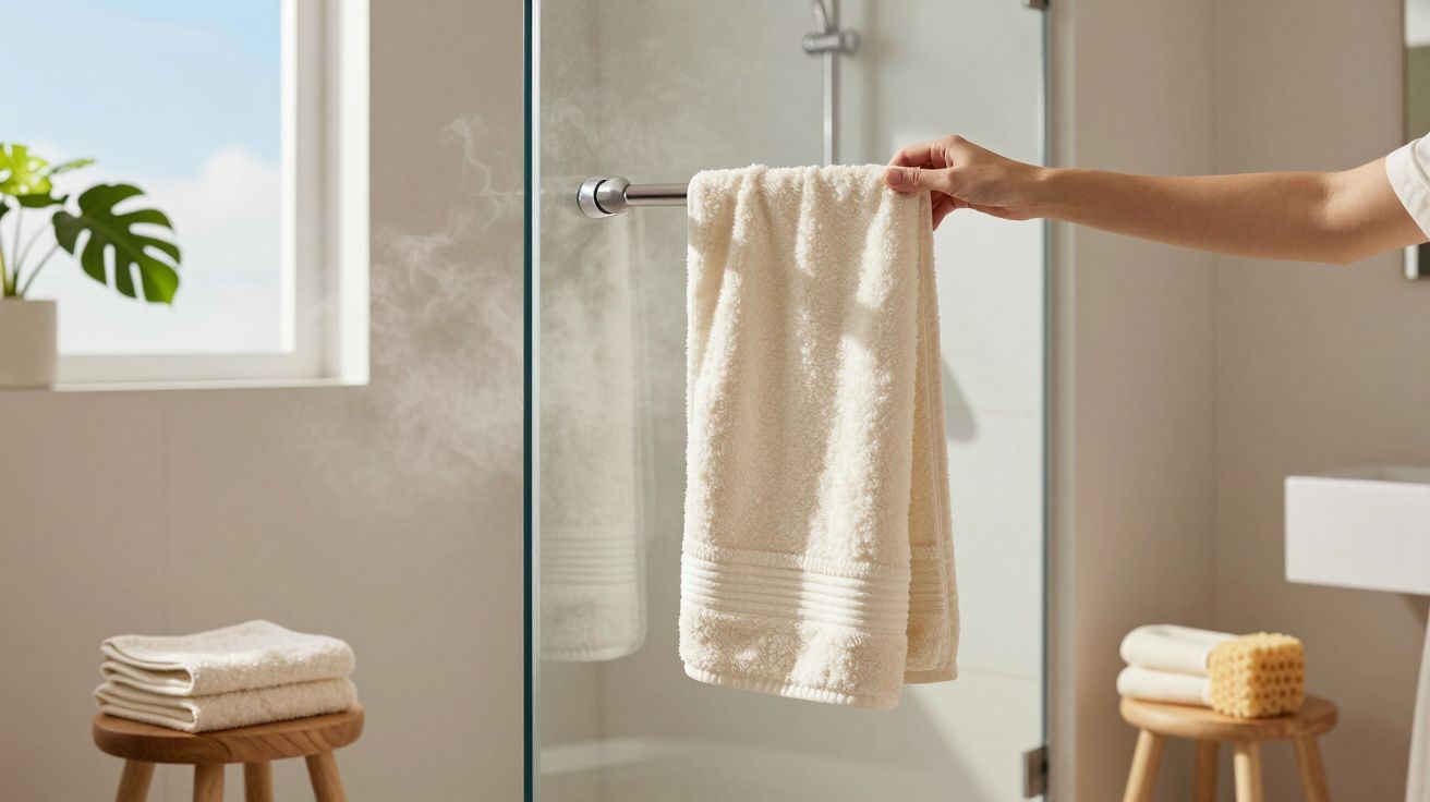 Pessoa a pendurar toalha branca numa haste de duche numa casa de banho luminosa e minimalista.