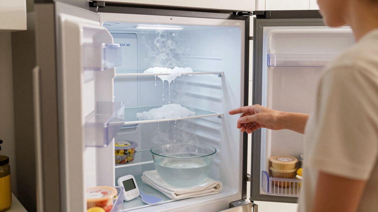 Interior de frigorífico com gelo a derreter em prateleiras e uma tigela recolhendo água, ao lado de uma pessoa.