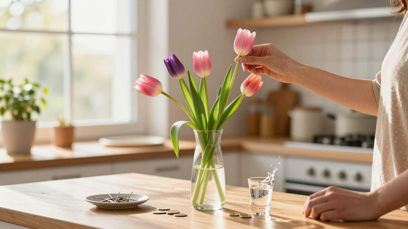 Pessoa a arranjar tulipas coloridas num vaso numa cozinha luminosa com jarra de água e moedas na bancada.