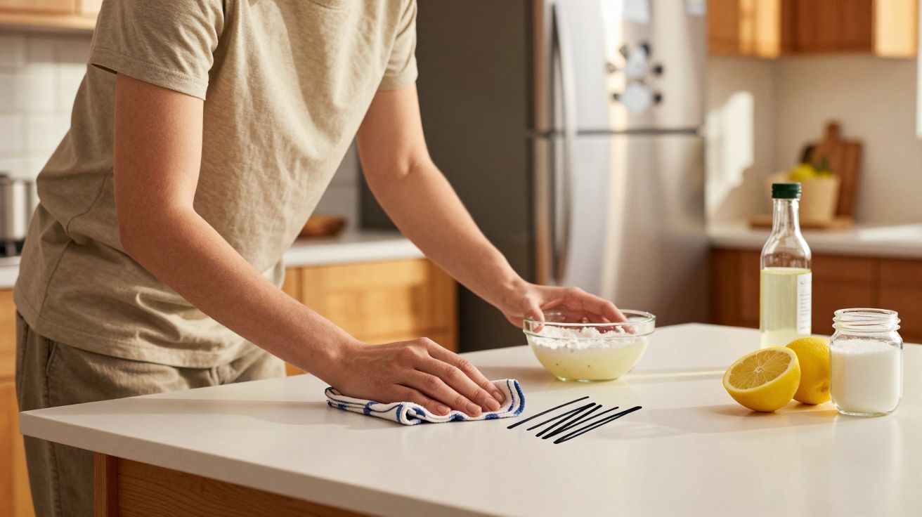 Pessoa a limpar risco na bancada da cozinha com pano, ao lado de limão, óleo e frasco de vidro.