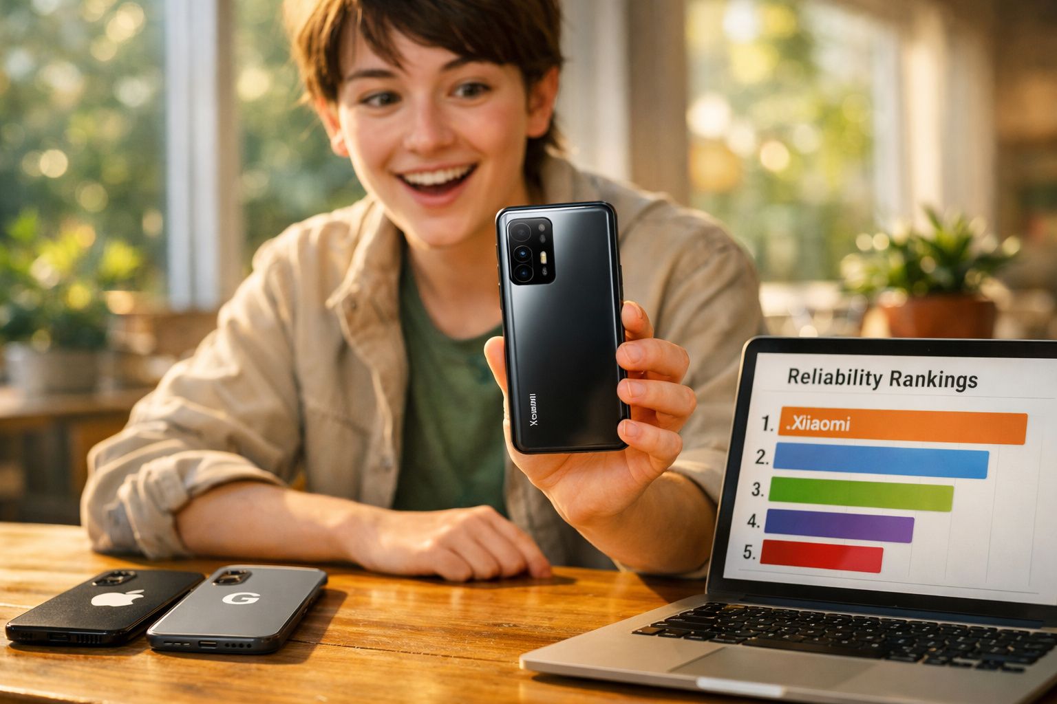 Pessoa jovem a mostrar telemóvel Xiaomi ao lado de computador com gráfico de classificações de fiabilidade.