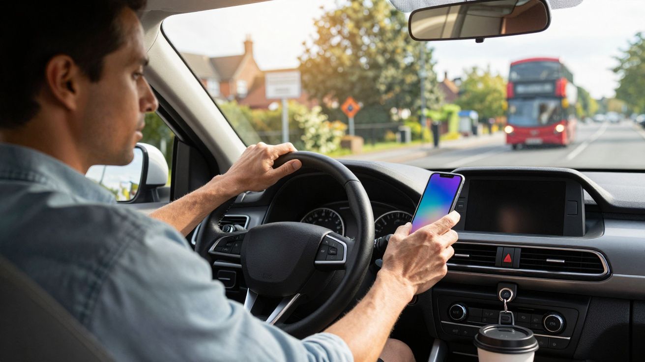 Homem a conduzir carro e a usar telemóvel numa estrada com autocarro vermelho ao fundo.