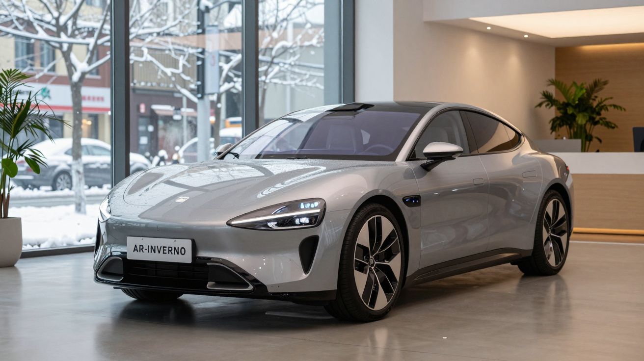 Carro elétrico cinzento exibido numa sala de exposição com janelas grandes e neve do lado de fora.