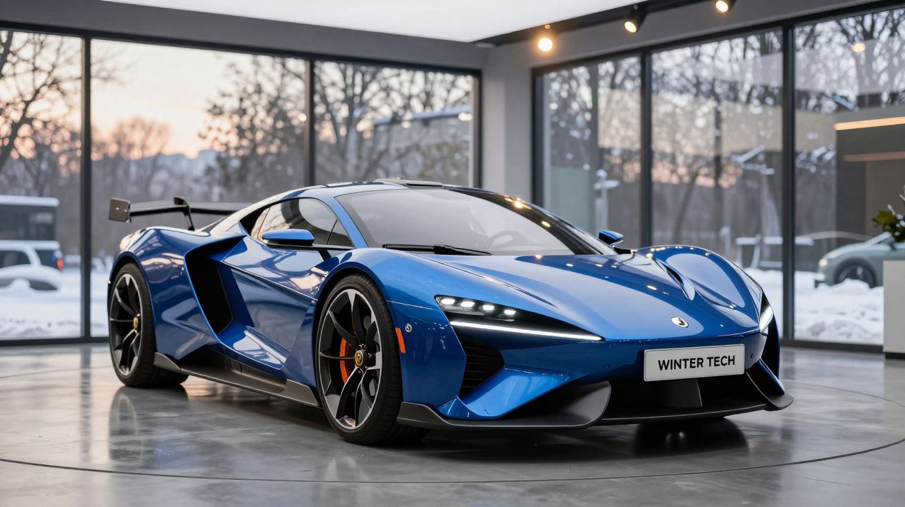 Carro desportivo azul com linhas aerodinâmicas exibido numa sala com janelas amplas e vista de neve.