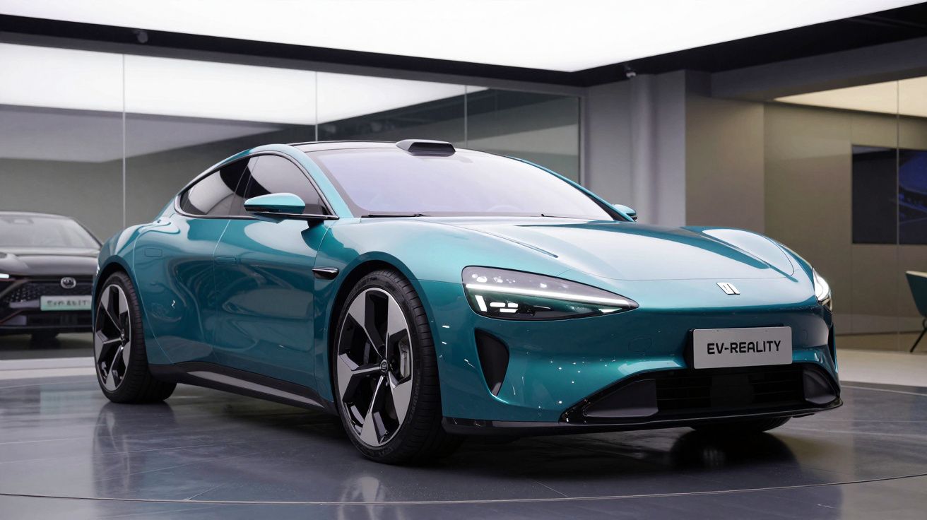 Carro elétrico desportivo azul metálico estacionado num showroom moderno com espelhos ao fundo.