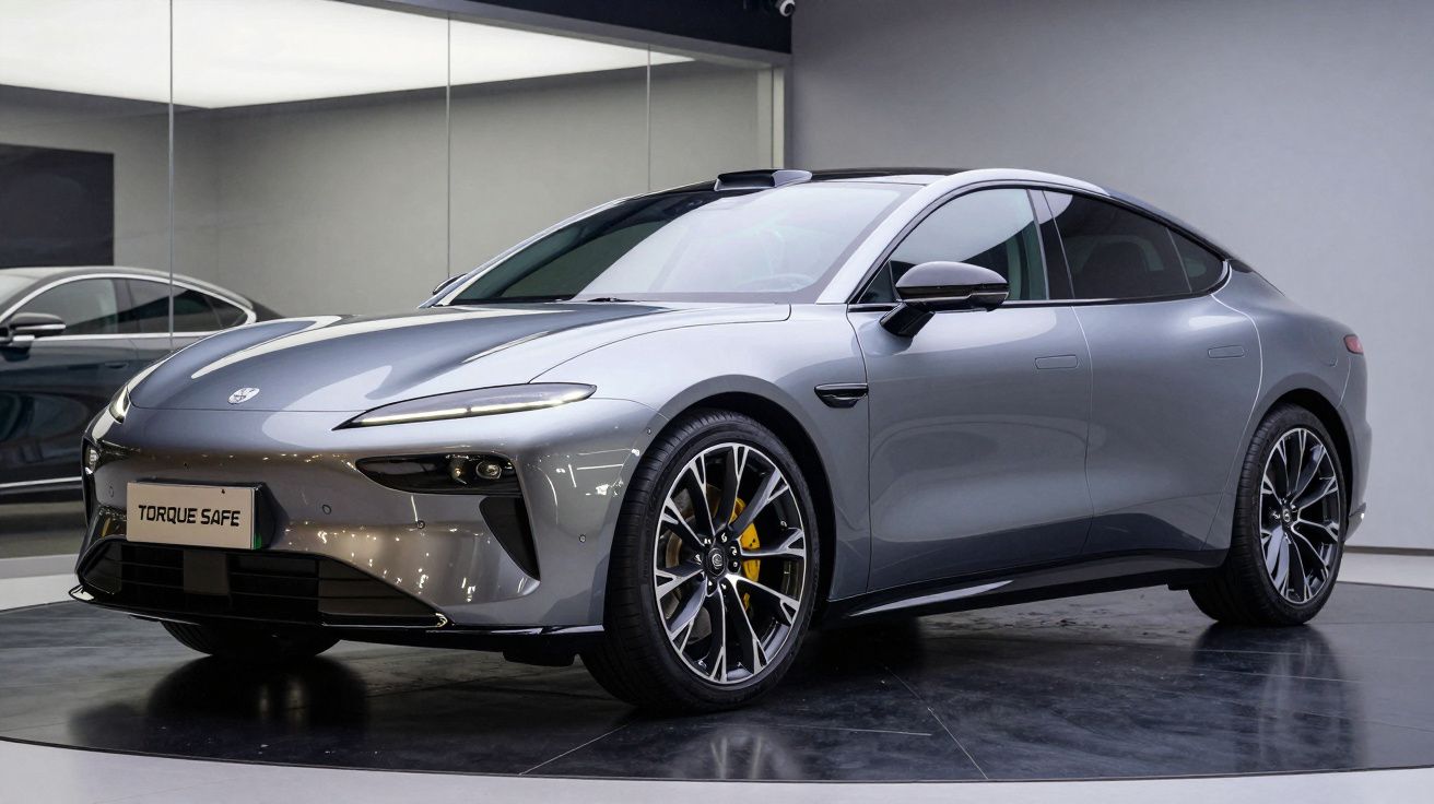 Carro desportivo elétrico cinza estacionado num showroom com espelhos e luzes refletidas no chão.