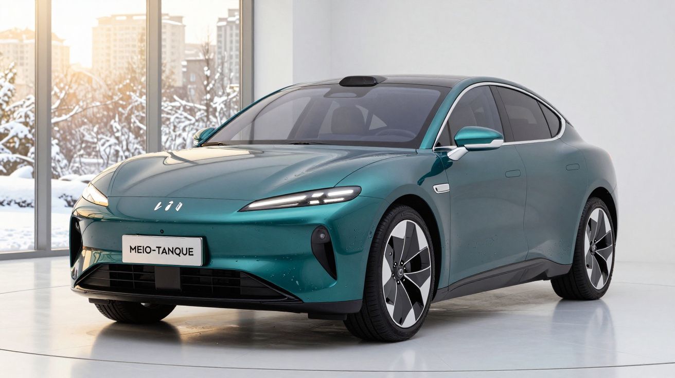 Carro elétrico sedan verde escuro em estúdio com janelas mostrando paisagem nevada ao fundo.