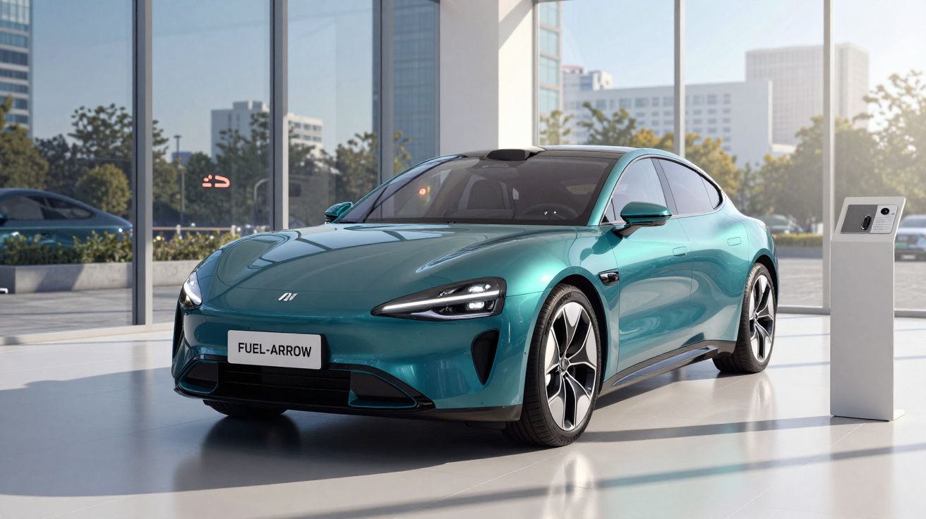 Carro elétrico azul-metalizado Fuel-Arrow em showroom moderno com grande janela e pedestal de controlo.