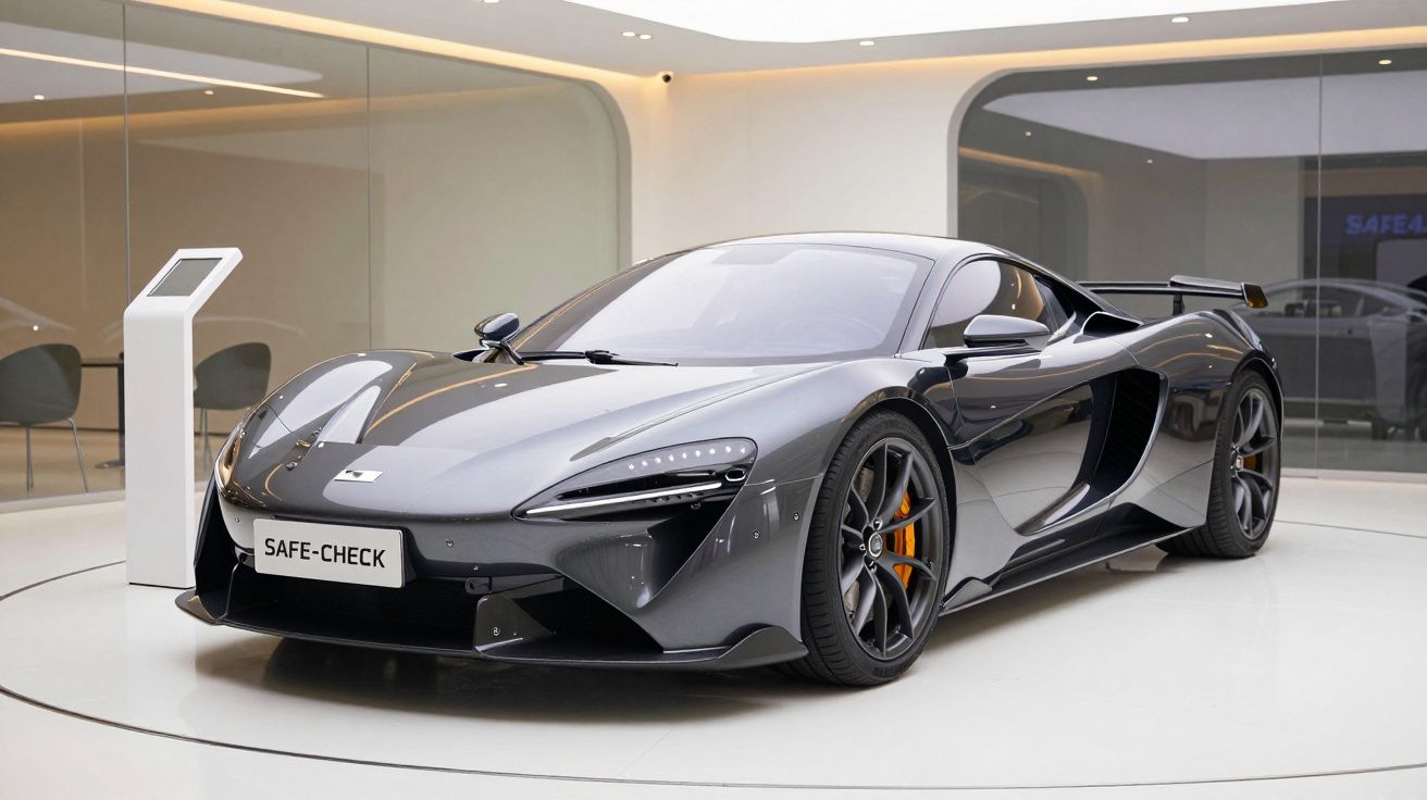 Carro desportivo cinzento metálico exposto em sala moderna, com iluminação suave e ecrã branco ao lado.