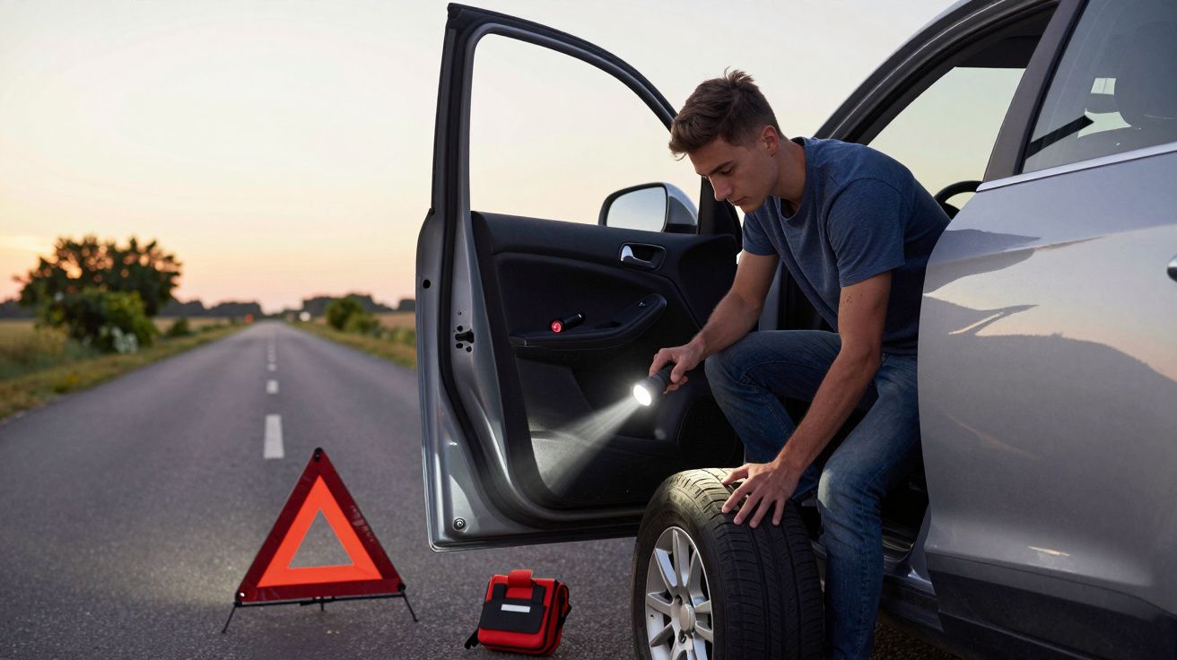 Homem a trocar um pneu do carro ao pôr do sol numa estrada rural, com triângulo de sinalização e lanterna.