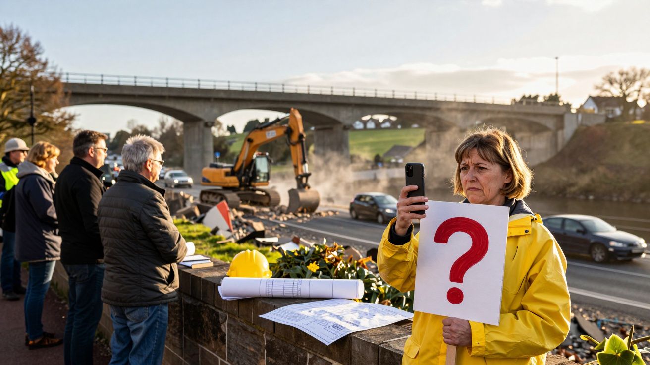 Mulher com placa de interrogação observa obra numa estrada, junto a grupo de pessoas e maquinaria pesada.