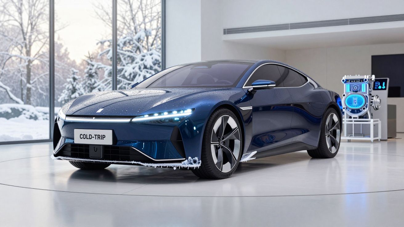 Carro elétrico azul escuro com neve na frente, estacionado num ambiente interior moderno e minimalista.