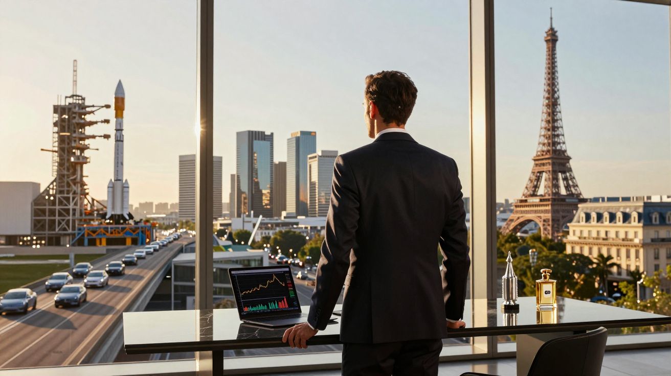 Homem de negócios de costas numa sala moderna, a olhar para a Torre Eiffel e um foguetão no horizonte urbano.