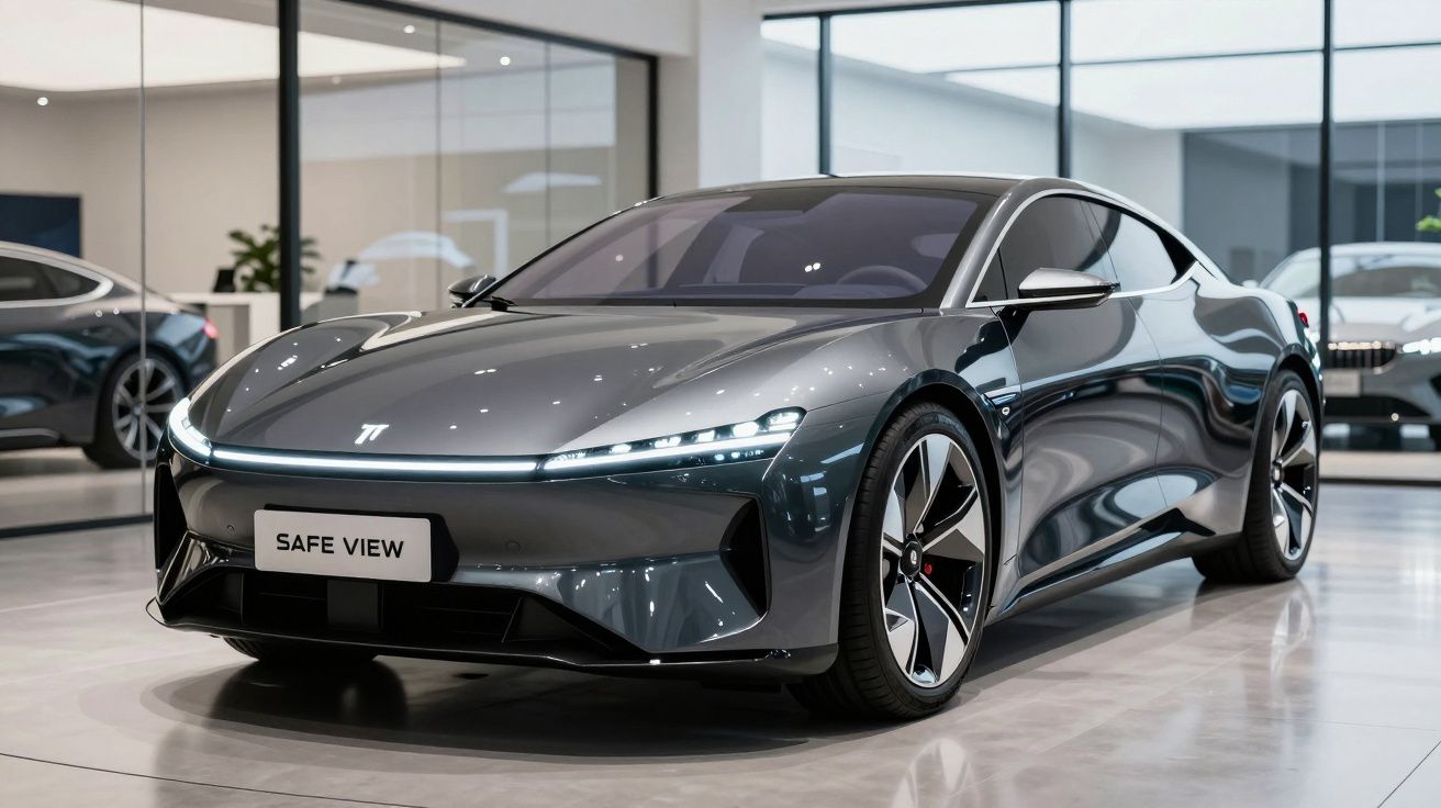 Carro desportivo cinza escuro elétrico em exposição num salão com piso brilhante e iluminação moderna.