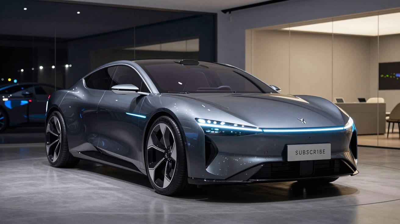 Carro desportivo elétrico cinza estacionado em ambiente moderno, com luzes LED e design futurista.