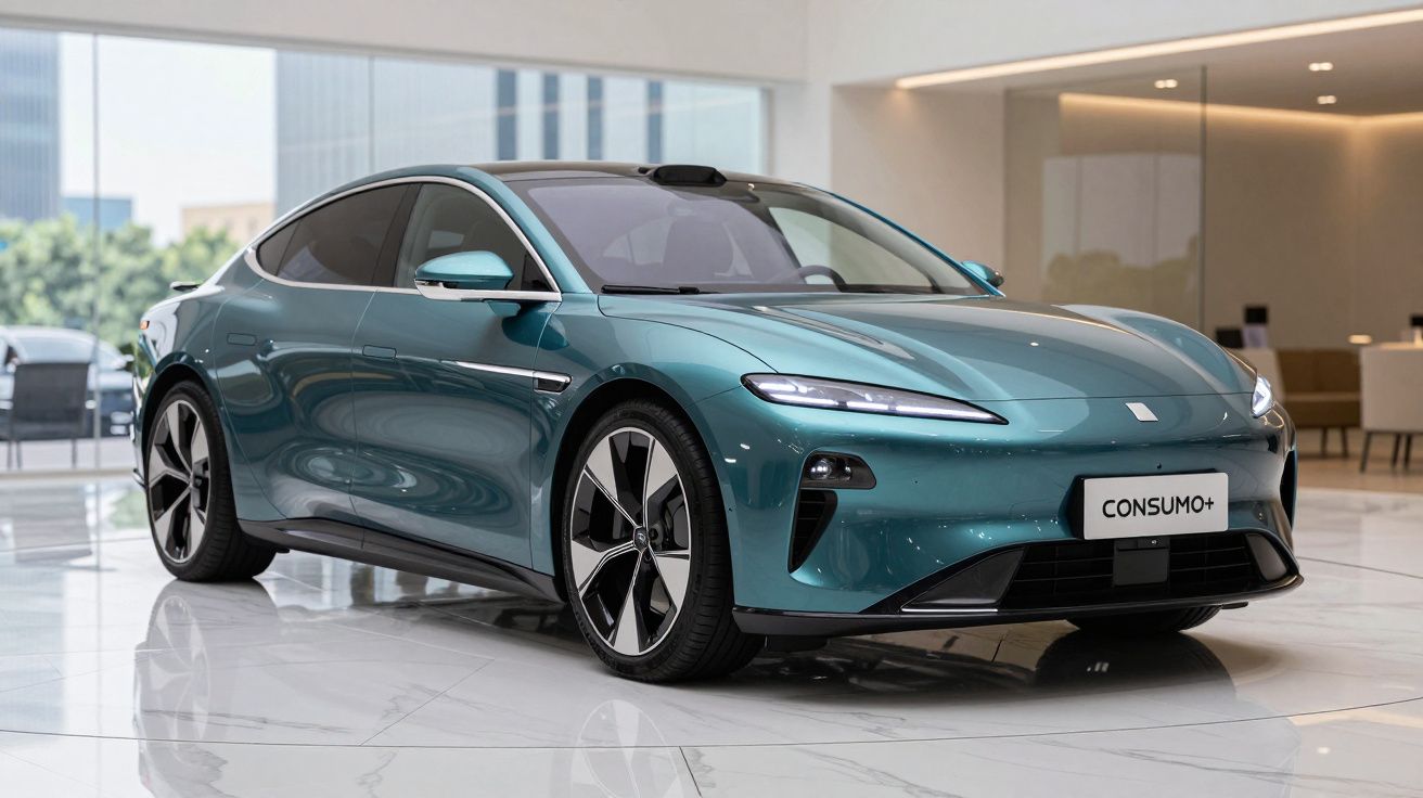 Carro elétrico moderno azul esverdeado apresentado numa sala de exposição com chão branco e grande janela.