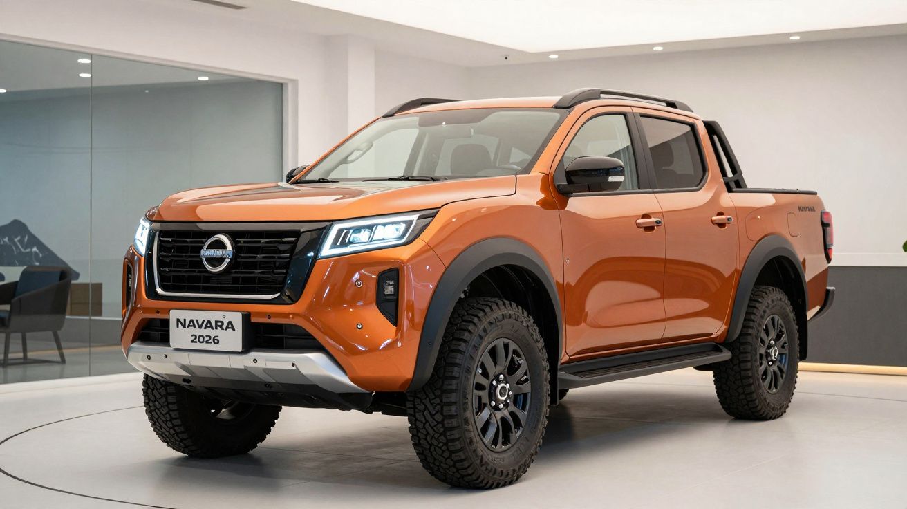 Pick-up Nissan Navara 2026 na cor laranja exibida numa sala de exposições moderna e iluminada.