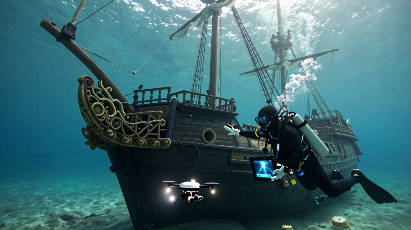Mergulhador com equipamento a explorar naufrágio de navio antigo, acompanhado por drone subaquático.
