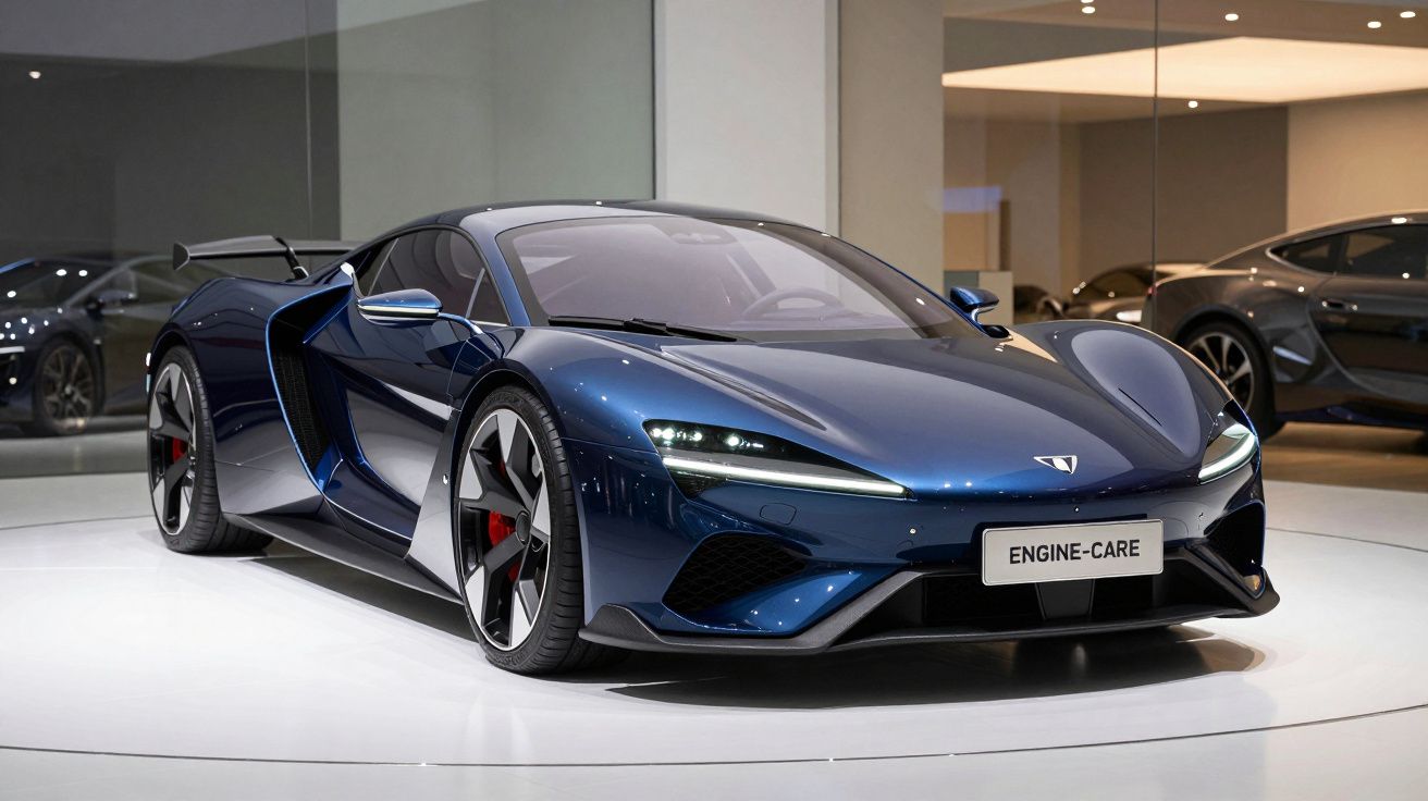 Carro desportivo azul metálico com design aerodinâmico exibido em exposição, ambiente moderno e iluminado.