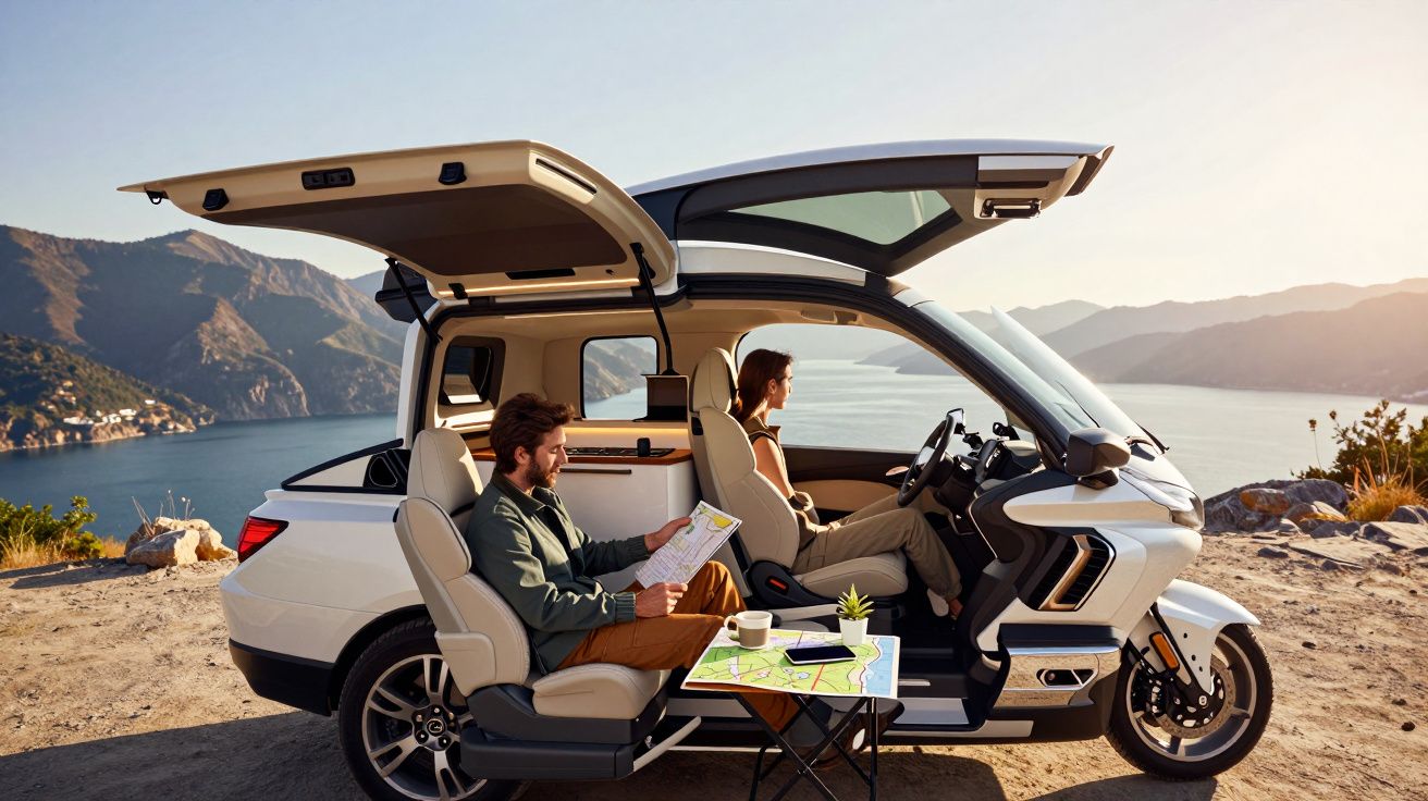 Casal em veículo elétrico moderno com portas abertas, junto a paisagem costeira com montanhas e mar ao fundo.