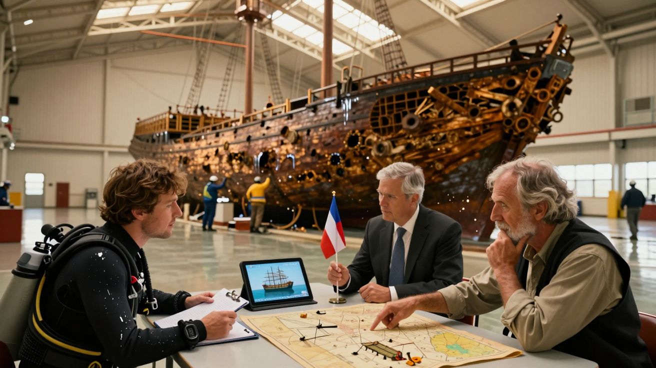 Três homens analisam um mapa náutico em frente a um grande barco histórico num museu marítimo.