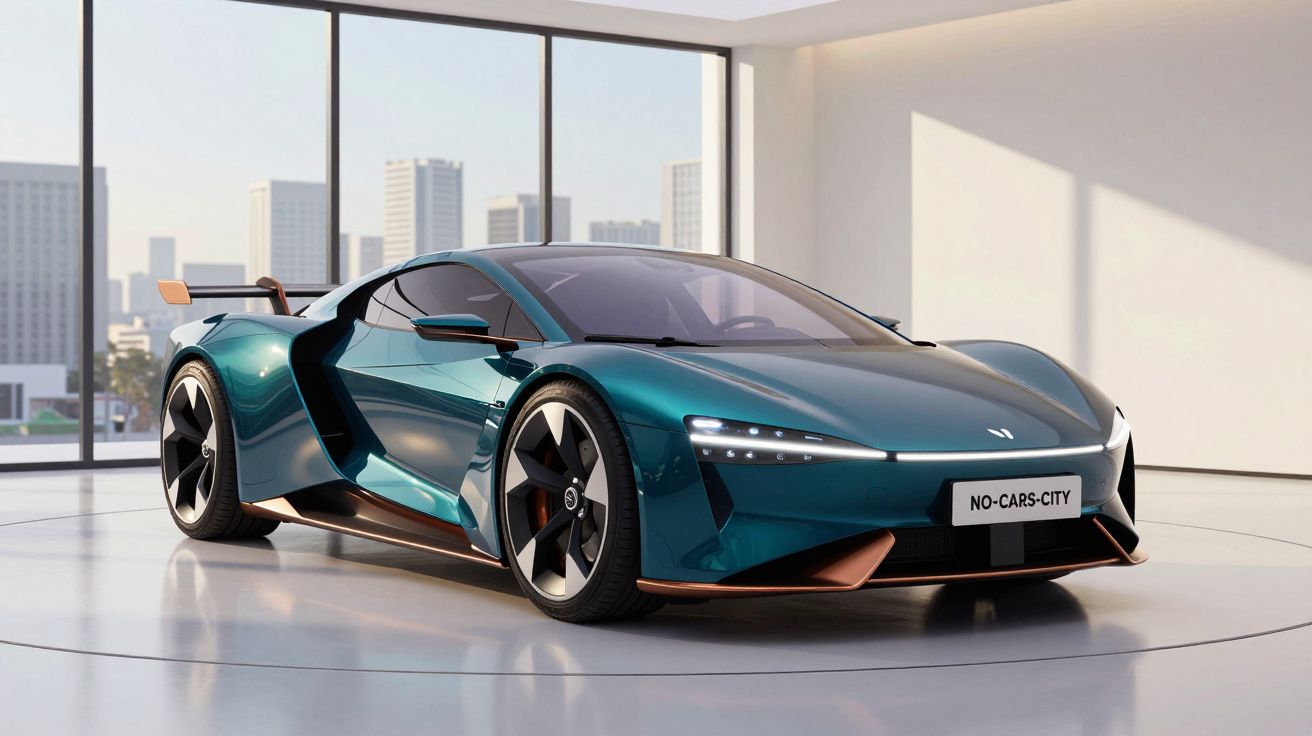 Carro desportivo elétrico verde metálico com design futurista numa sala moderna com grandes janelas.