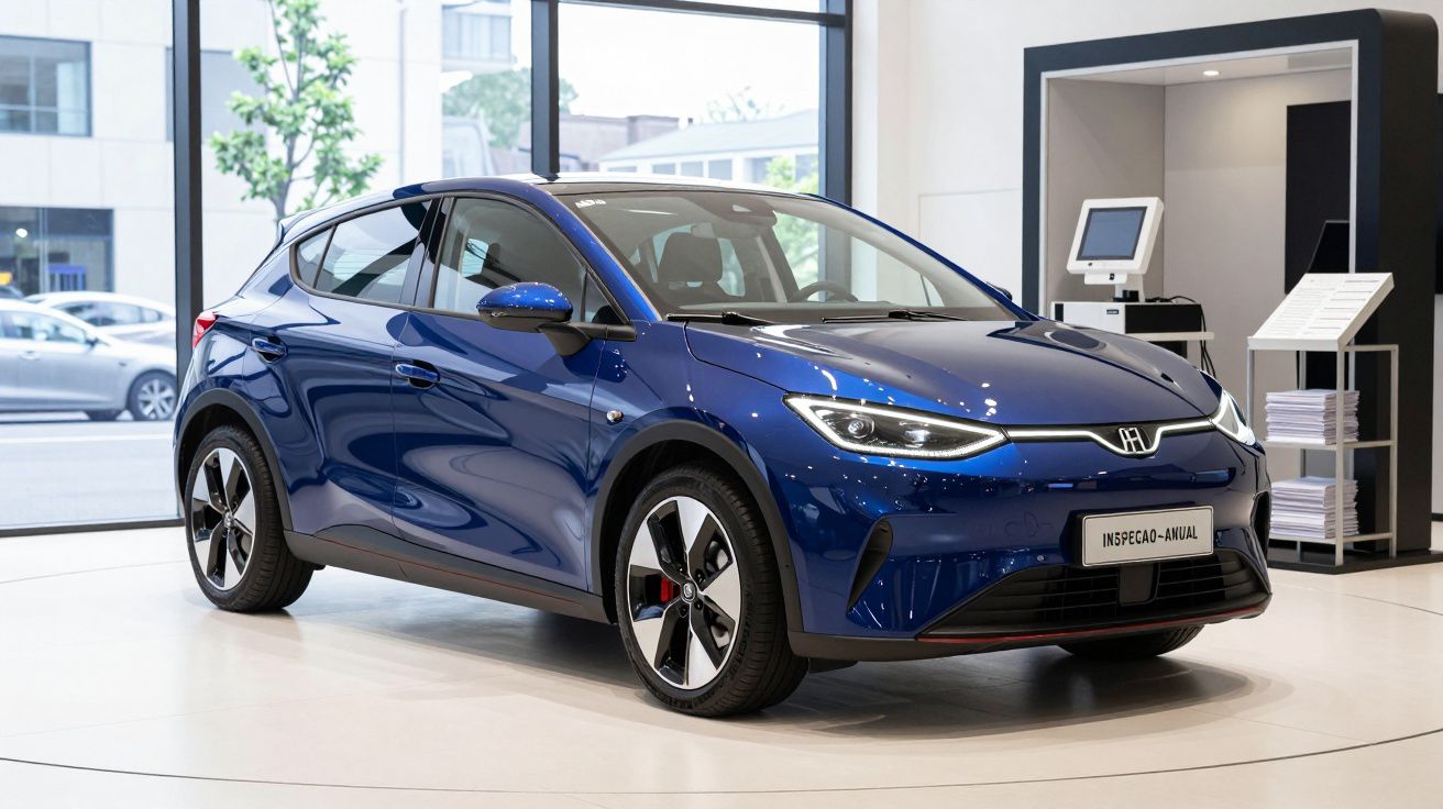 Carro elétrico azul Honda exposto em showroom moderno com luz natural e chão brilhante.