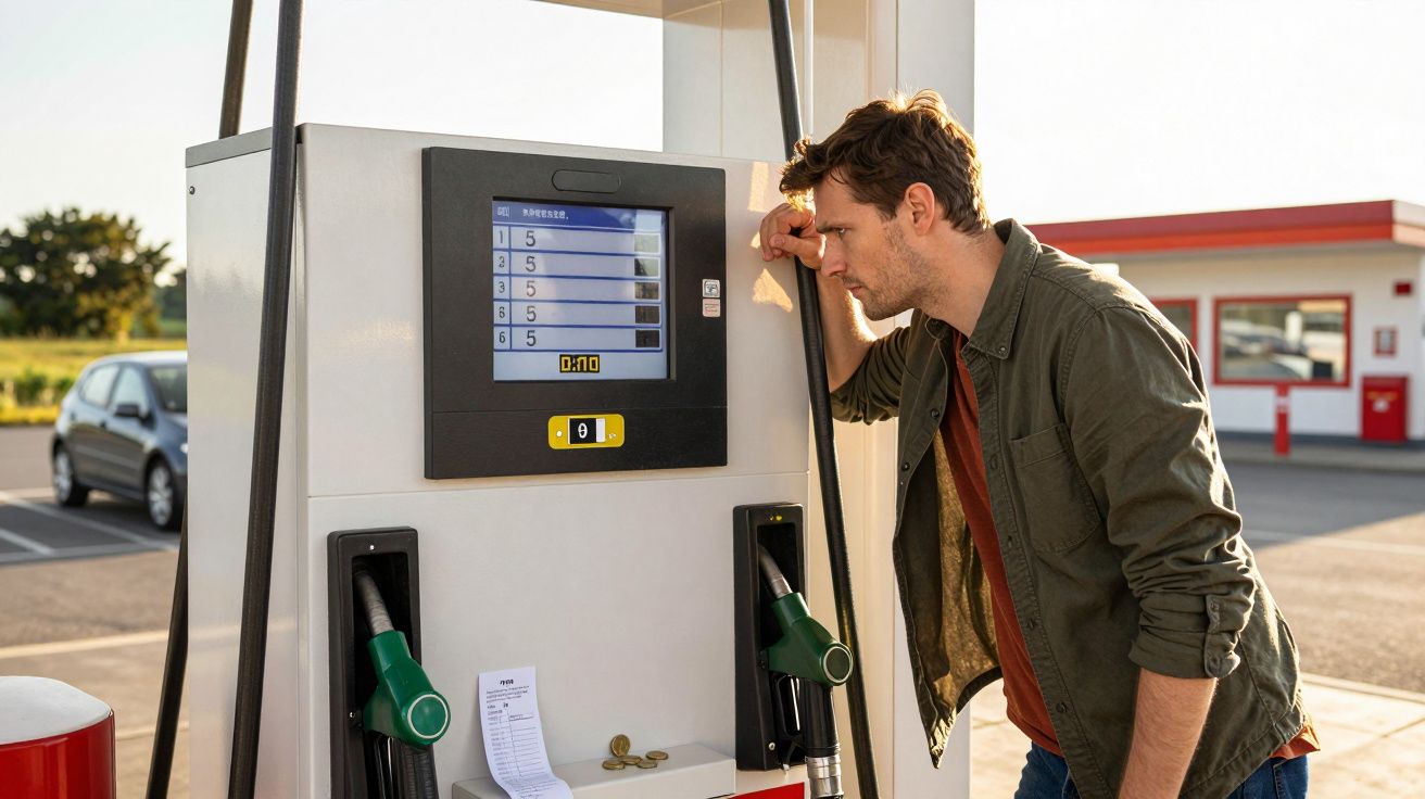 Homem com ar preocupado observa o visor de uma bomba de combustível numa estação de serviço.